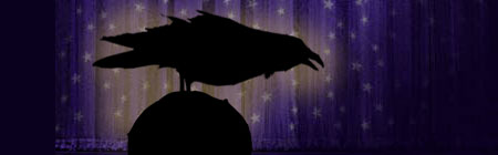 An image of a raven perched on a bust of Pallas against velvet violet curtains.